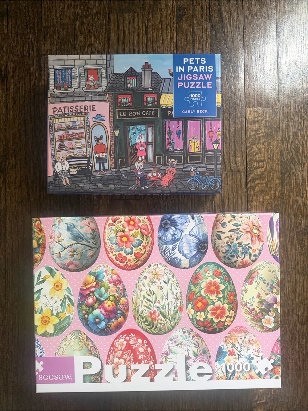 2x 1,000-Pieces Jigsaw Puzzles: Pets in Paris + Eggs Illustrations